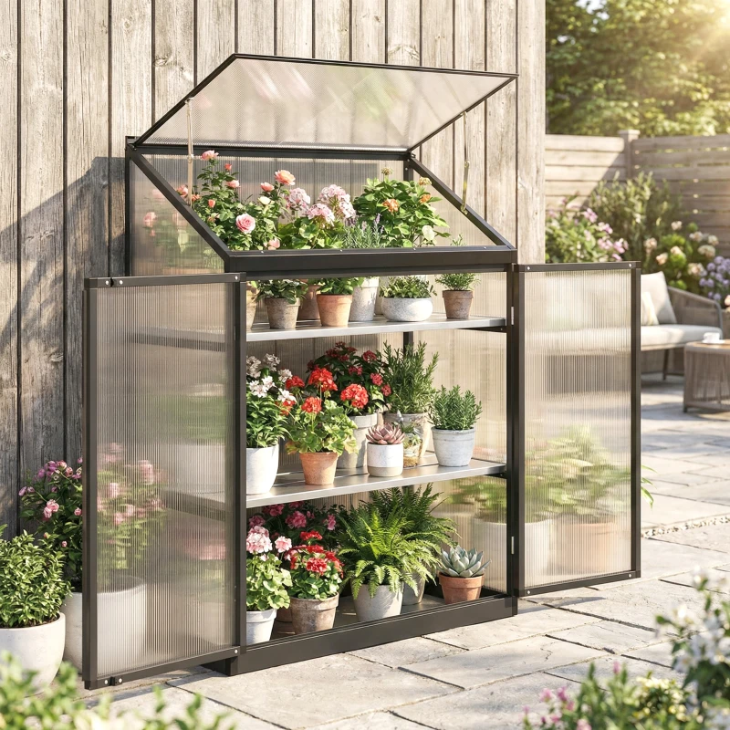 Outsunny Quick Assembly Polycarbonate Greenhouse with 2-Tier Shelves Gardening Green House for Patio Garden, Black