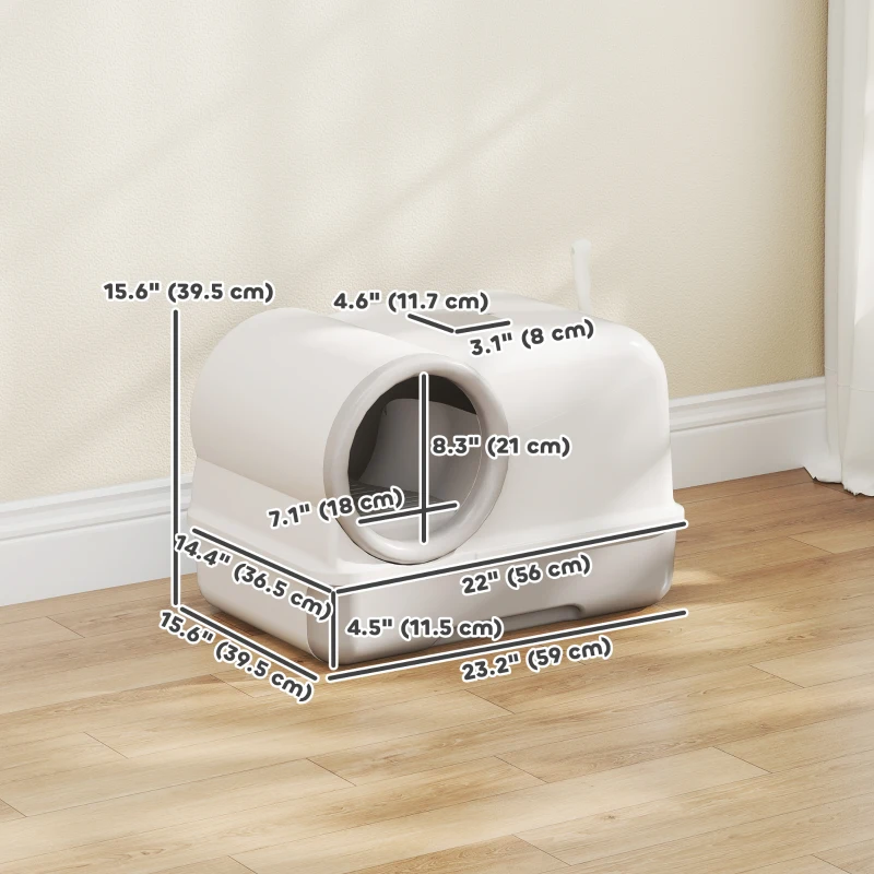 PawHut Cat Litter Box Easy Clean Drawer Odor Control Hooded Cat Litter Tray with Scoop White and Grey