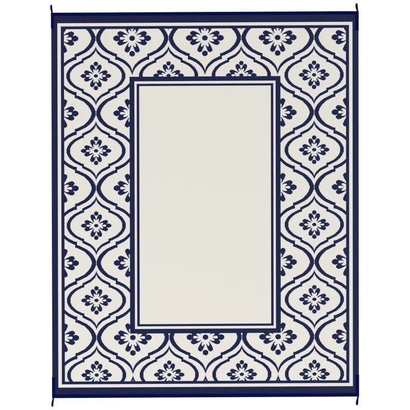 Outsunny 8' x 10' Outdoor RV Rug, Reversible Patio Floor Mat with Carry Bag, Gourd Border, Blue and White