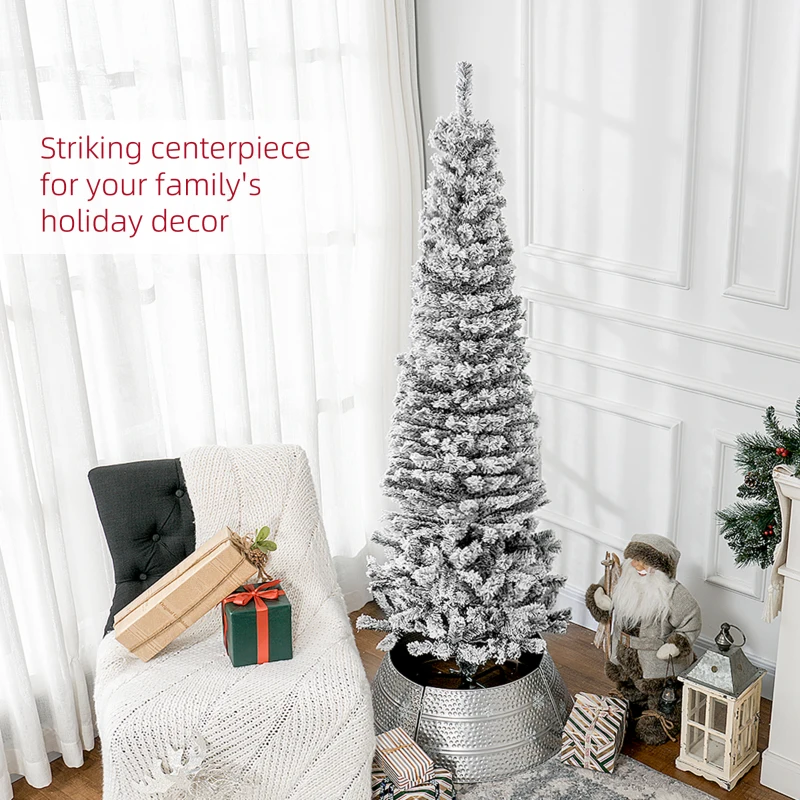 HOMCOM 6ft Flocked Christmas Tree, Pencil Christmas Tree with Realistic Branch Tips, Folding Metal Stand, Black