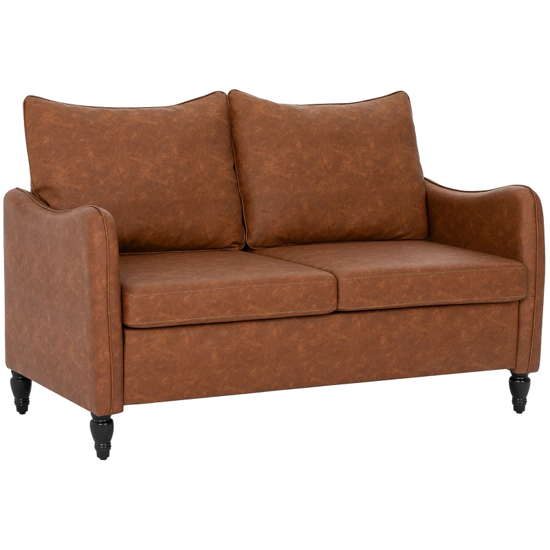 HOMCOM 55" Loveseat Sofa, Small 2 Seater Couch with Solid Wood Legs, Modern PU Leather Upholstered Sofa for Small Spaces, Brown