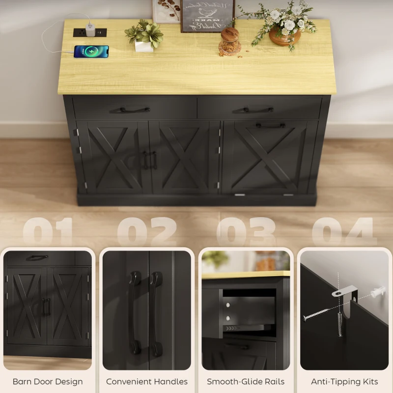 HOMCOM 7 Gallon Tilt Out Garbage Cabinet, Kitchen Island with Charging Station, 2 Drawers, 4 Door Racks, Black