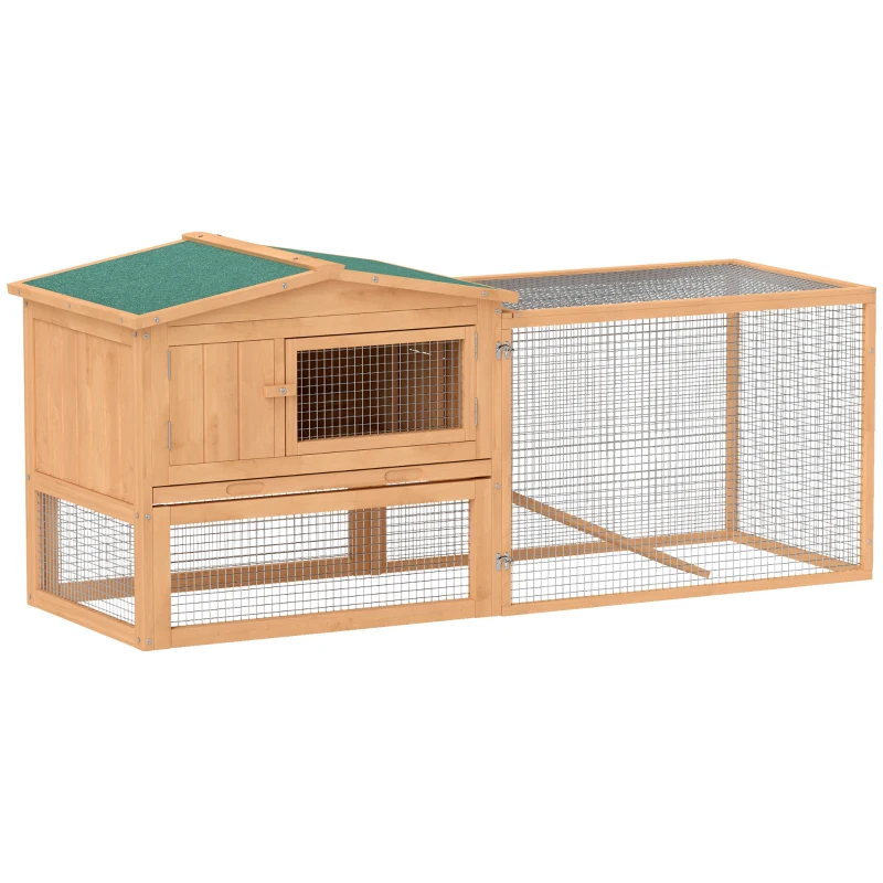 PawHut 62'' L 2-Story Rabbit Hutch Bunny Cage Small Animal House with Pull Out Tray, Detachable Run, Ramp, for Indoor Outdoor, Natural