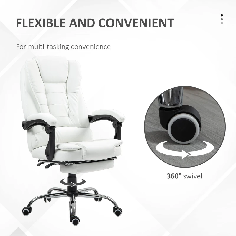 HOMCOM High Back Office Chair PU Leather Executive Office Chair with Retractable Footrest Padded Armrest White
