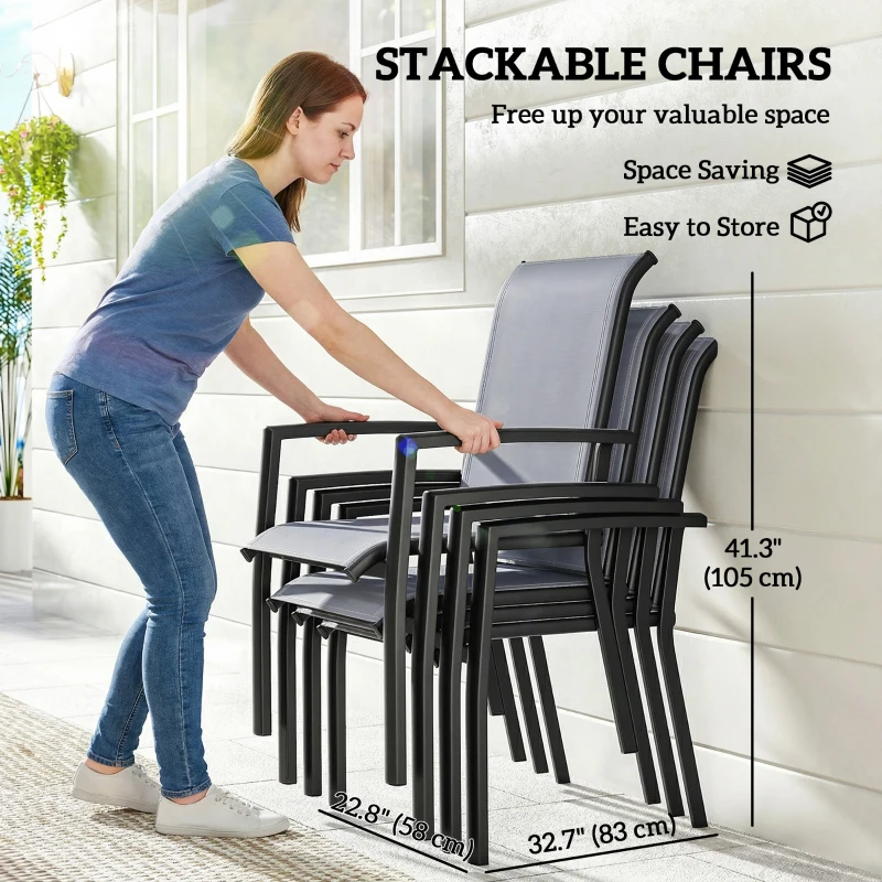 Outsunny Stackable Patio Chairs Set of 4, Outdoor Dining Chairs with All Weather Breathable Mesh and Armrests, Grey