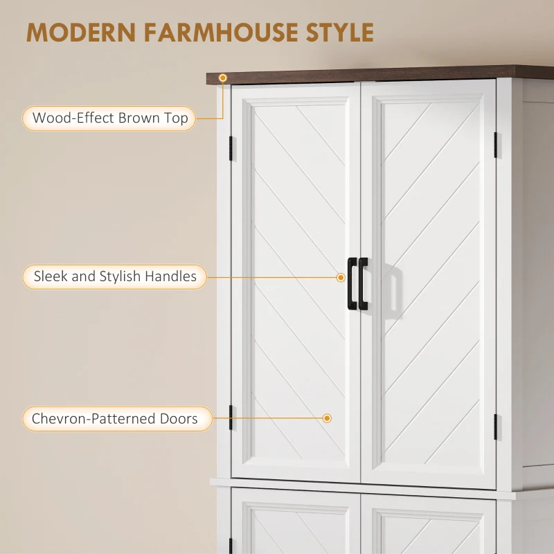 HOMCOM 70" Tall Kitchen Storage Cabinet Modern Farmhouse Pantry Cabinet with 4 Chevron Doors and 4 Adjustable Shelves, White