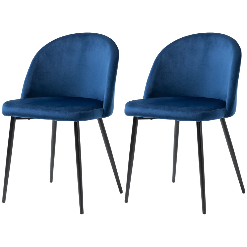 HOMCOM Set of 2 Mid-Back Dining Chair, Mid-Back Velvet-touch Upholstery Kitchen Chair for Living Room Dining Room, Dark Blue