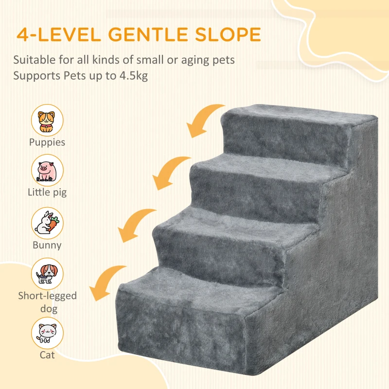 PawHut 4-Step Dog Ramp for Sofa, Bed, and Couch, with Removable Cover, Light Grey