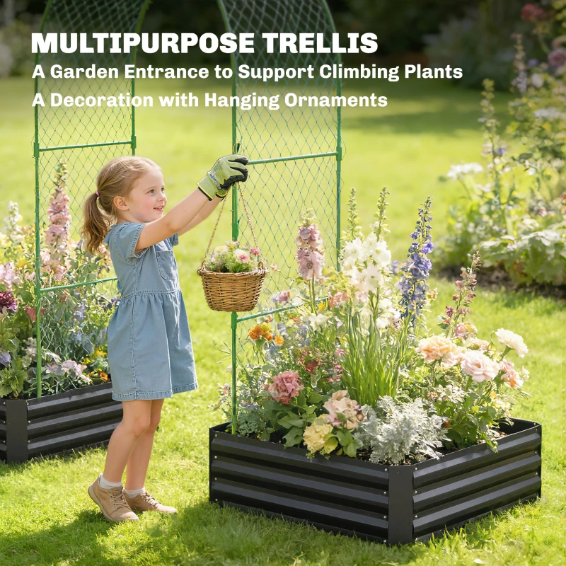 Outsunny Metal Raised Garden Bed with Trellis, Galvanized Garden Bed Kit Outdoor Garden Box with Trellis, Black
