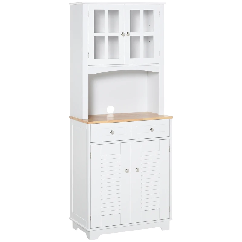 HOMCOM Coastal Style Kitchen Buffet and Hutch Wooden Storage Cupboard with Framed Glass Door LouveredCabinet  Drawers Microwave Space for Dining Room  Living Room  White