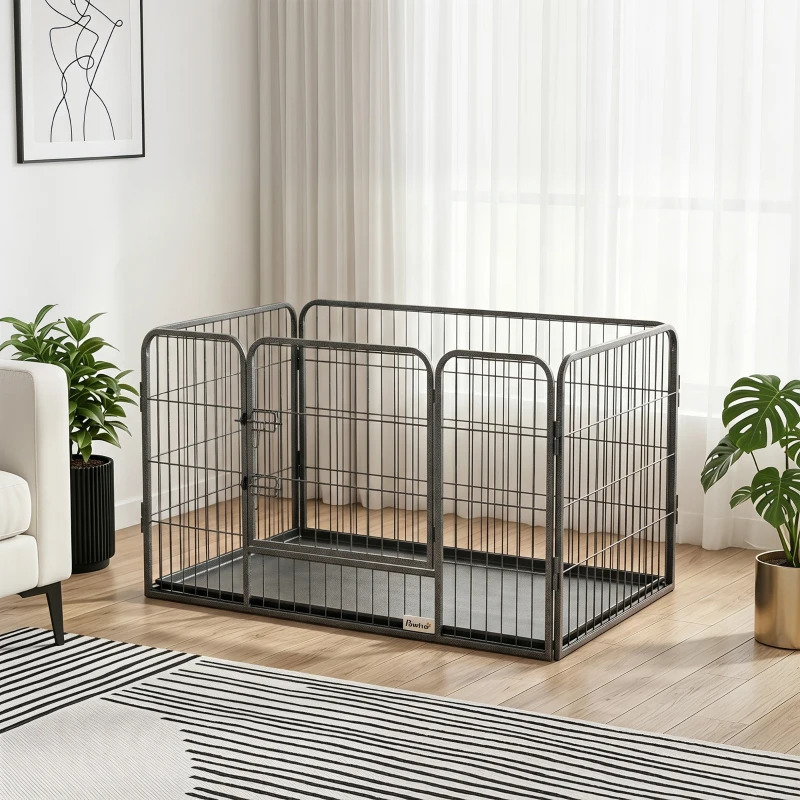 PawHut 4 Panels Dog Playpen, Heavy Duty Dog Fence, 28" H Portable Pet Playpen with Door Double Locking Latches, Tray, Grey