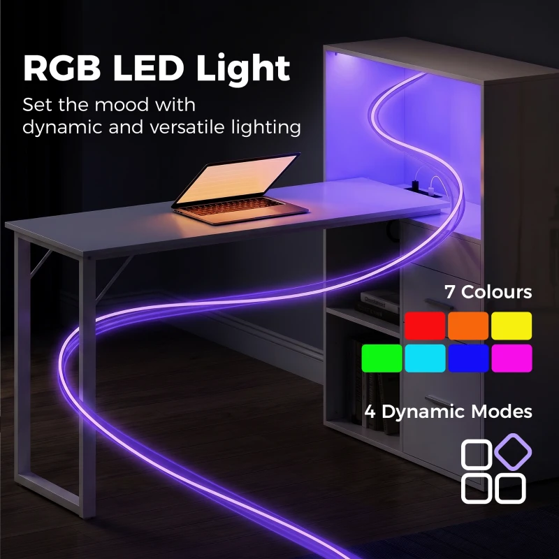 HOMCOM 54" Computer Desk with Drawers, Home Office Desk with Storage, Power Outlets and LED Lights, White