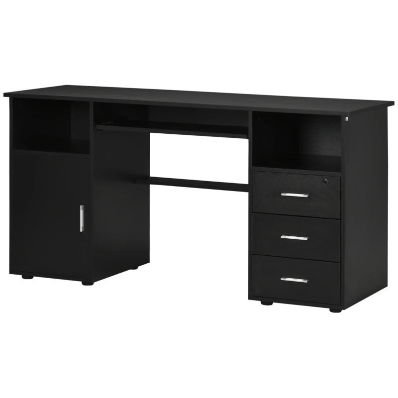 HOMCOM 57" Computer Desk with Drawers, Home Office Desk with Keyboard Tray, Open Shelves and Lockable Drawer, Writing Workstation for Study, Black