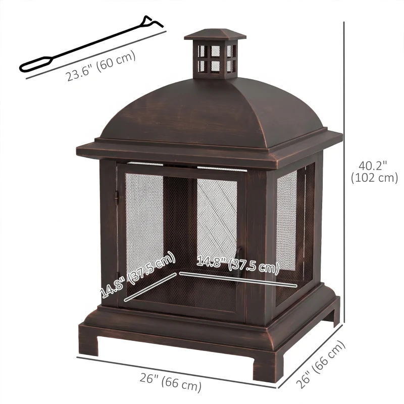 Outsunny Wood-Burning Fire Pit, Chimney Style Firepit with Poker, 26" x 26", Black