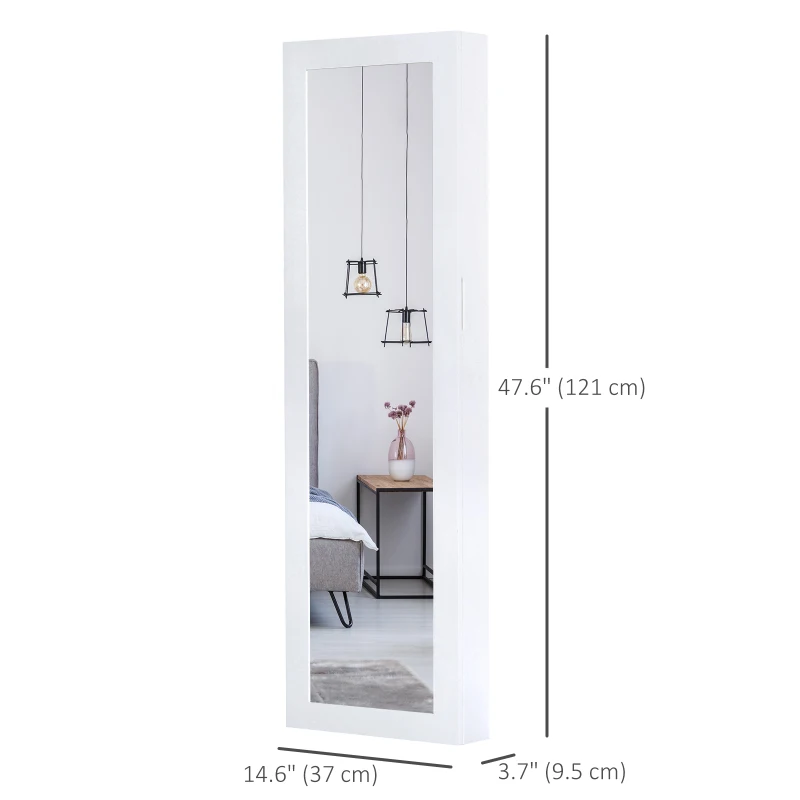 HOMCOM Mirror Jewelry Cabinet Armoire with Full Length Mirror, Wall Mounted Jewelry Organizer, White