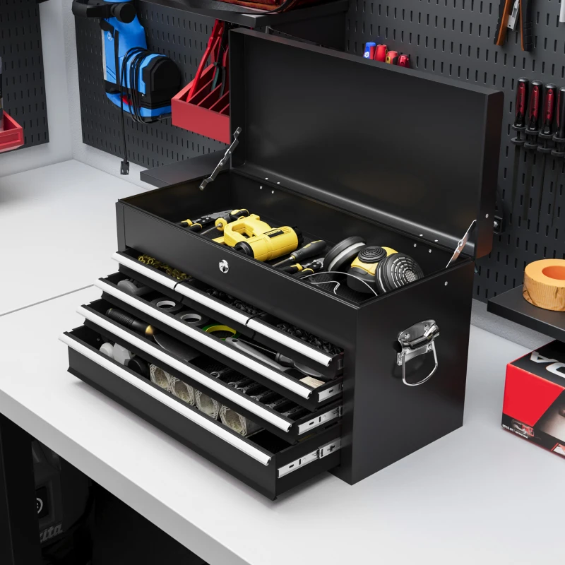 HOMCOM 6 Drawer 24" Portable Tool Box with Top Case, Ball Bearing Slides, Metal Tool Chest for Garage, Household and Warehouse