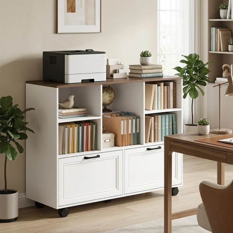 HOMCOM Lateral Mobile Filing Cabinet, 2 Drawer File Cabinet with Wheels, Adjustable Hanging Bars, Walnut and White