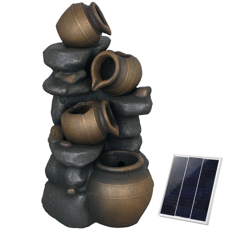 Outsunny 28.3" Solar Water Fountain, 4-Tier Resin Cascading Jars and Stacked Stones Outdoor Waterfall Fountain with LED Lights