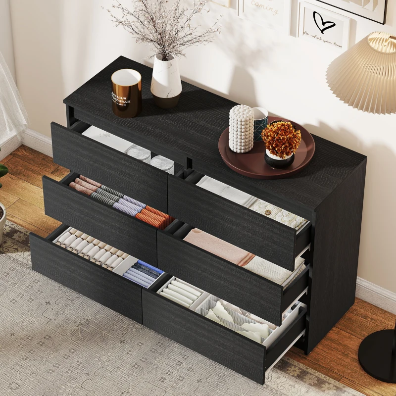 HOMCOM Wide Chest of Drawers, 6 Drawer Dresser for Bedroom, Living Room, Hallway, Modern Clothes Storage Organizer, Black