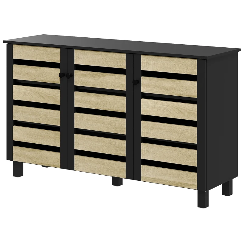 HOMCOM Shoe Cabinet with 3 Slatted Doors, 3-tier Shelving Rack Cabinet with Adjustable Shelves for 15 Pairs of Shoes, Black