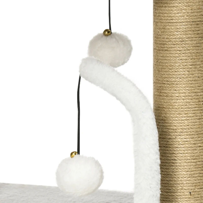 PawHut Cat Tower Condo for Indoor Cats, Small Cat Tree with Jute Scratching Posts, Top Perch, Dangling Balls, White