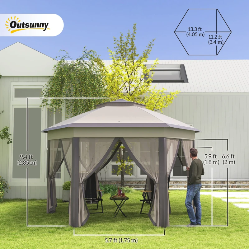 Outsunny 13' x 13' Pop Up Canopy Tent with Netting and Carry Bag, Instant Sun Shelter, Coffee and Beige