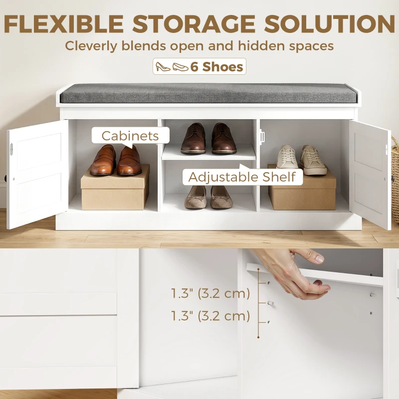 HOMCOM 2 in 1 Coat Rack Shoe Bench Set with 6 Hooks and Shoe Storage Bench, White and Grey