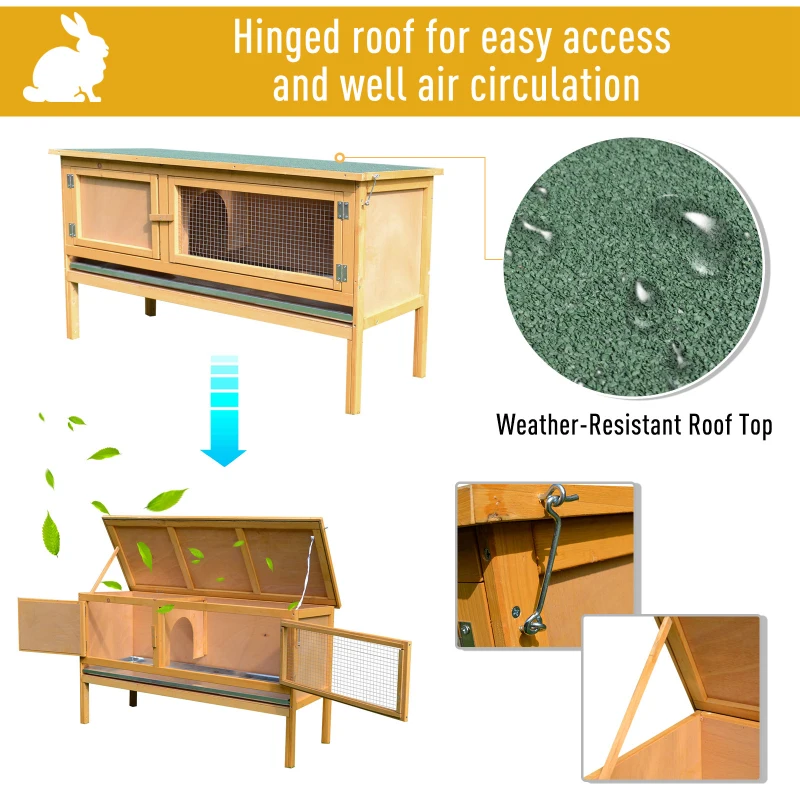 PawHut Wooden Rabbit Hutch Bunny Cage with Openable Waterproof Roof, No Leak Tray Sturdy Fir Wood Build for Indoor/Outdoor