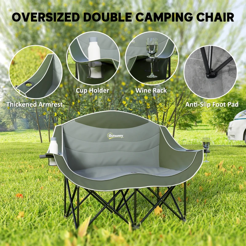 Outsunny Portable Camp Chair, Double Camping Chair with Cup Holders and Carry Bag, Support 551 lbs, Dark Green