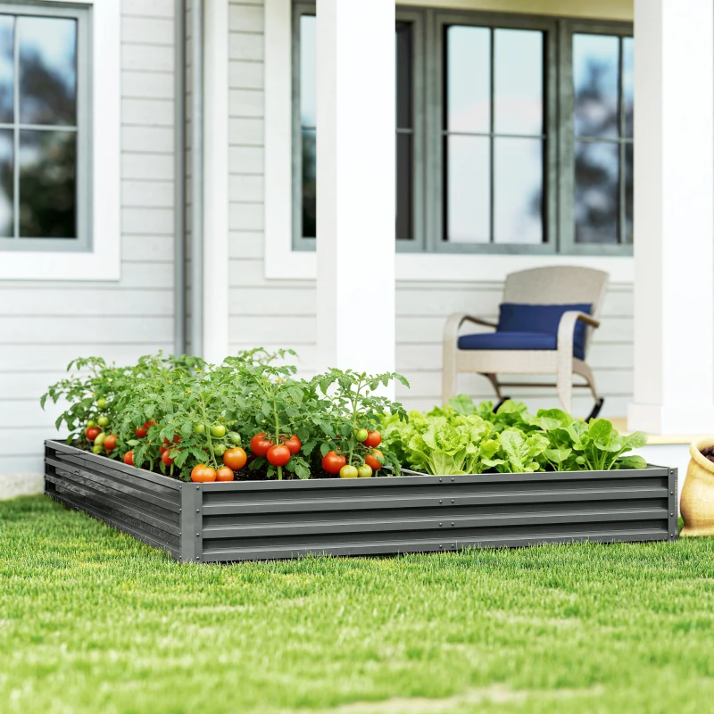 Outsunny L-Shaped Raised Garden Bed, 82" x 109" x 12" Galvanized Steel Planter Box with Multi-reinforced Rods for Vegetables, Flowers and Herbs, Light Grey