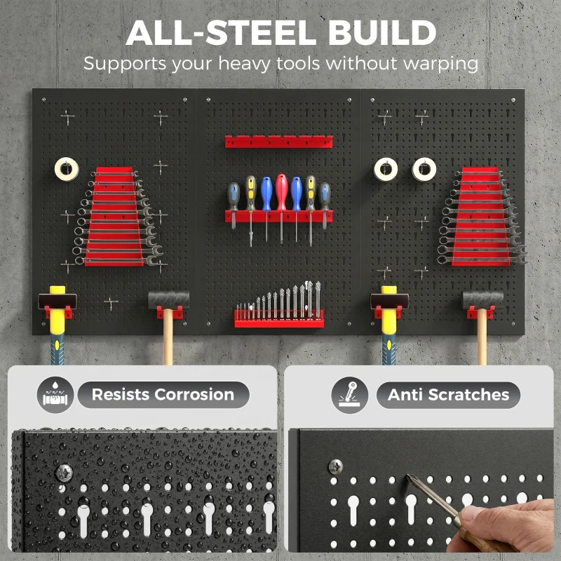 HOMCOM 28 Piece Metal Peg Board with Accessories, Shelf Tool Organizer, Black and Red