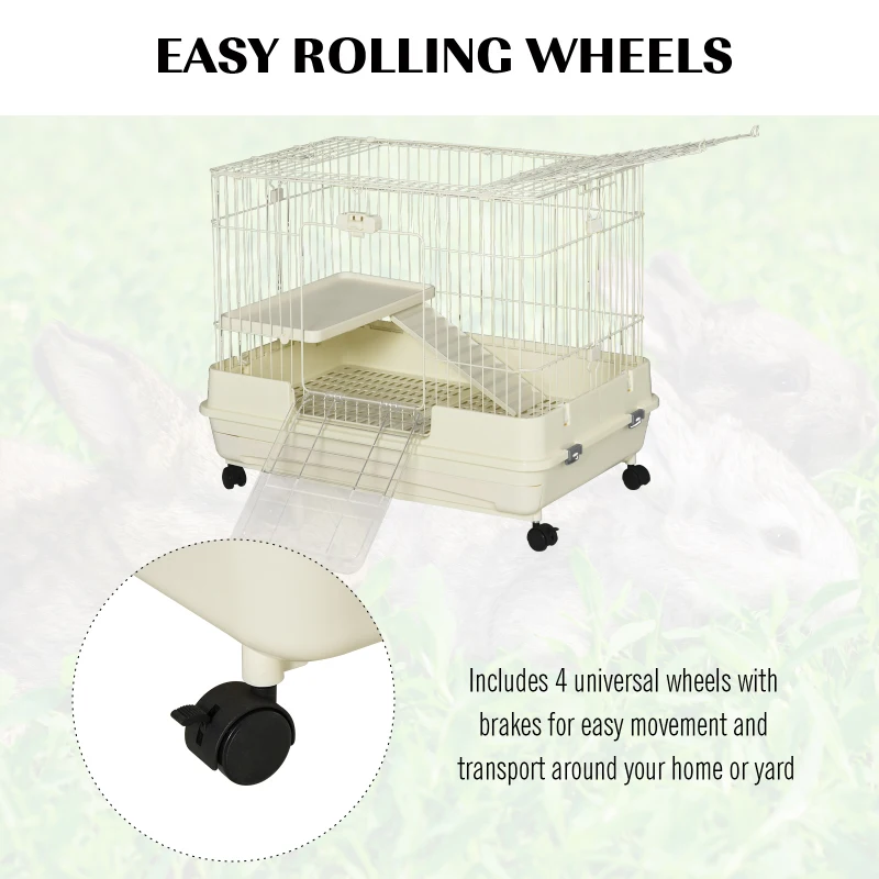 PawHut 2-Level Small Animal Cage Rabbit Hutch with Wheels, Removable Tray, Platform and Ramp for Bunny, Chinchillas, Ferret, White