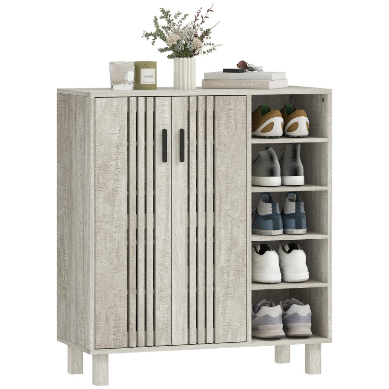 HOMCOM Shoe Storage with Double Doors and Open Shelves 17 Pair Shoe Storage Organizer for Entryway Hallway Light Grey