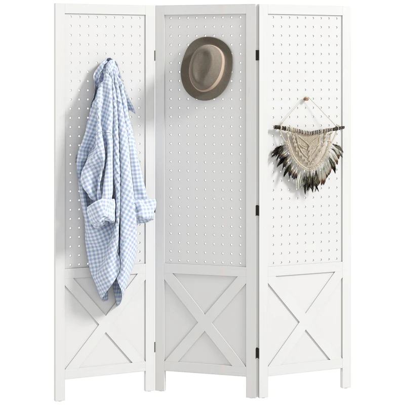 HOMCOM 56.9" 3 Panel Wooden Room Divider with Pegboard Display, Folding Privacy Screen for Home Office, White