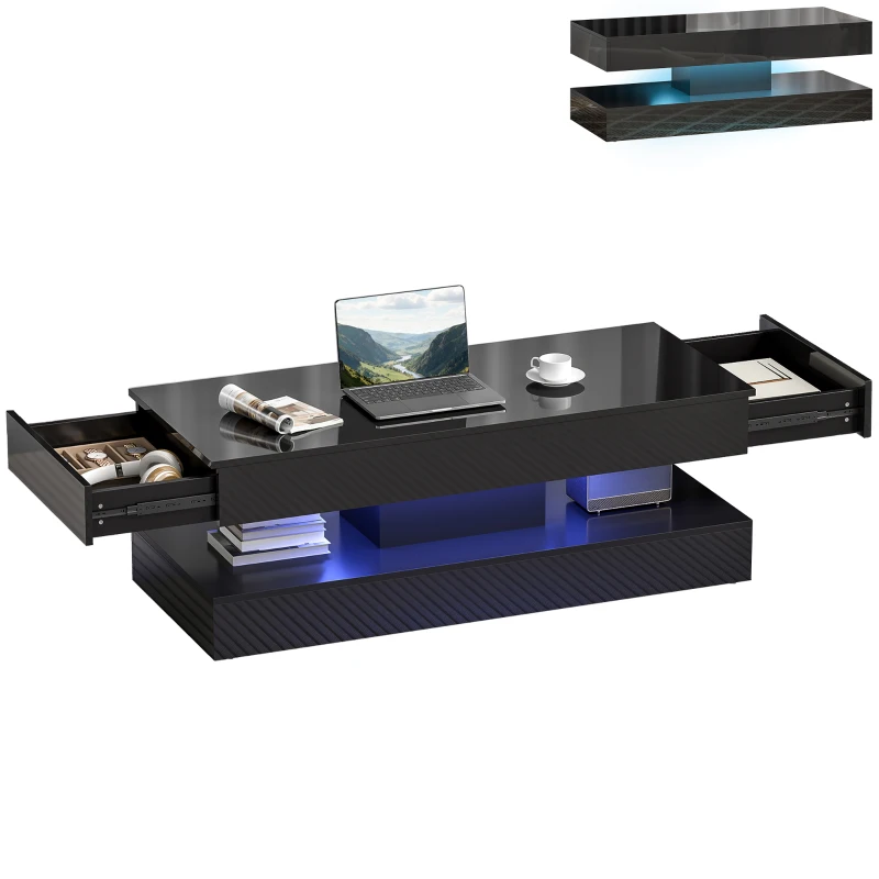 HOMCOM Coffee Table with Adjustable LED Lights, Modern Living Room Table with 2 Drawers, Open Shelf, Remote, High Gloss Black