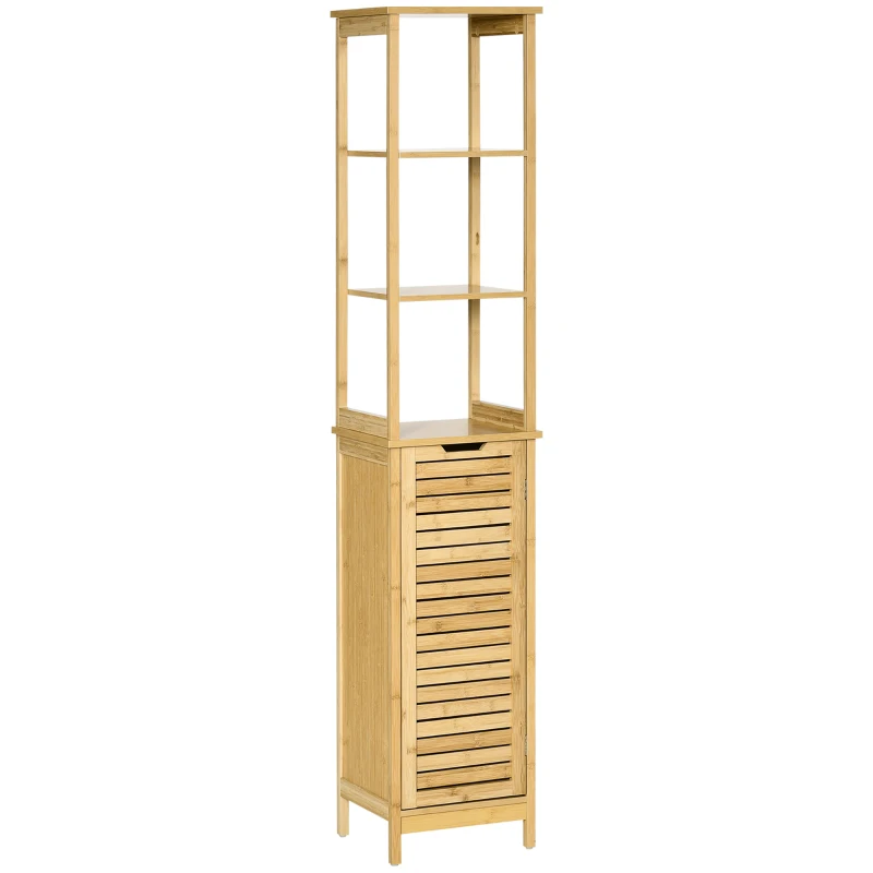 kleankin Bathroom Floor Cabinet with 3 Shelves and Cupboard, Slim and Freestanding Linen Tower with Storage, Natural