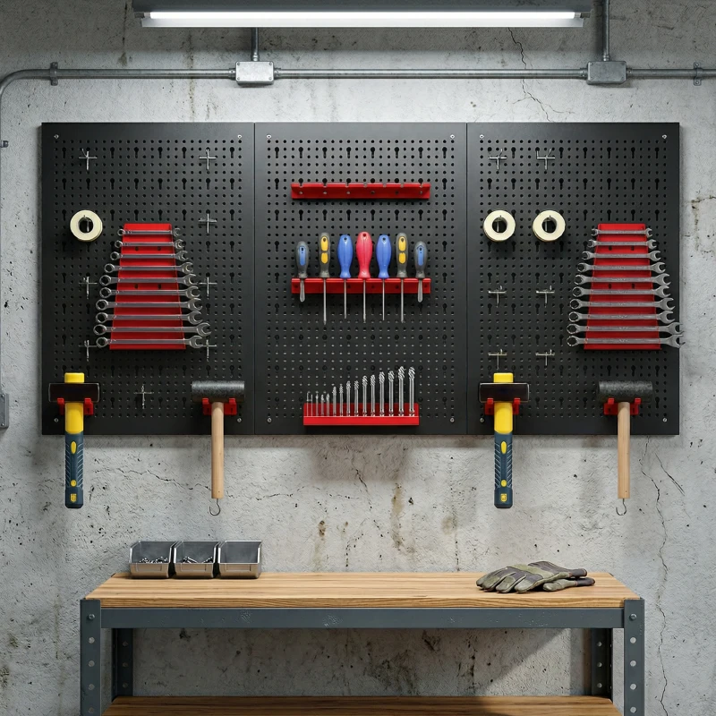 HOMCOM 28 Piece Metal Peg Board with Accessories, Shelf Tool Organizer, Black and Red