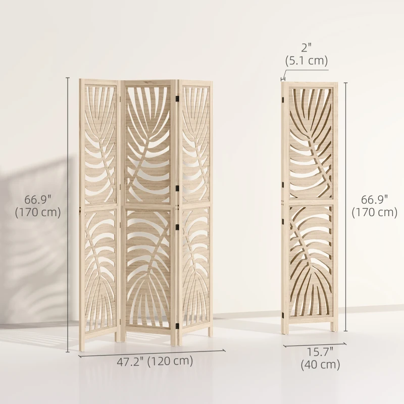 HOMCOM 3 Panel Room Divider, Detachable Folding Privacy Screens with Palm Leaf Design for Home Office, Natural Wood Finish