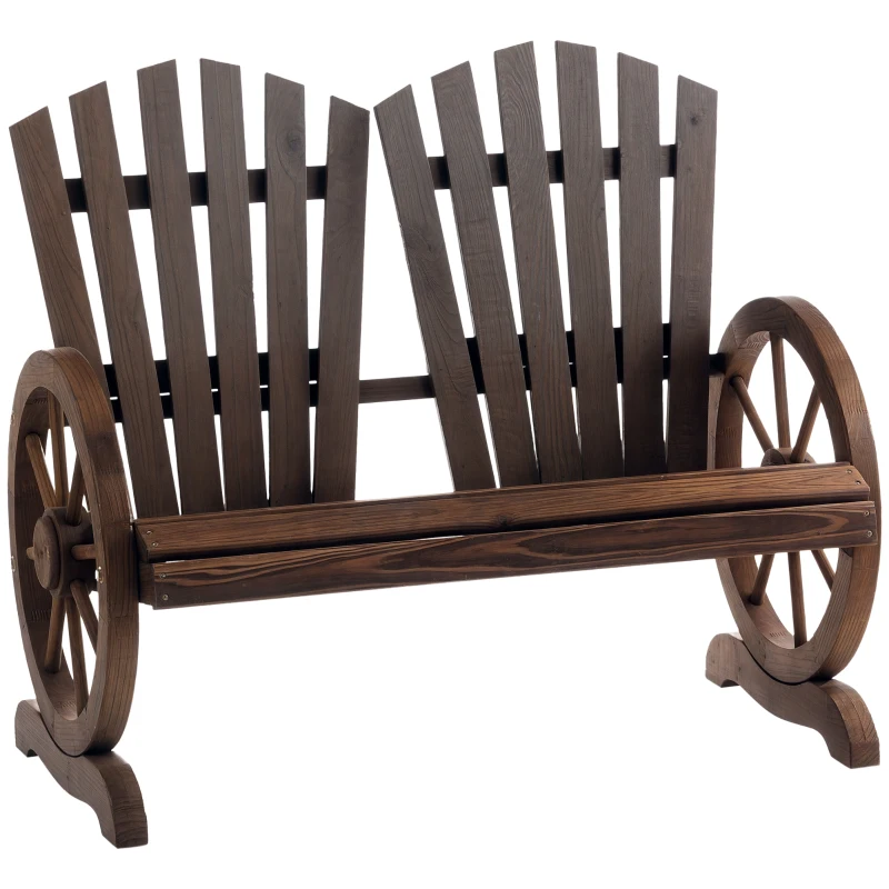 Outsunny Outdoor Garden Bench, 2- Seat Patio Wooden Bench with Wheel-Shaped Armrests for Yard, Carbonized color