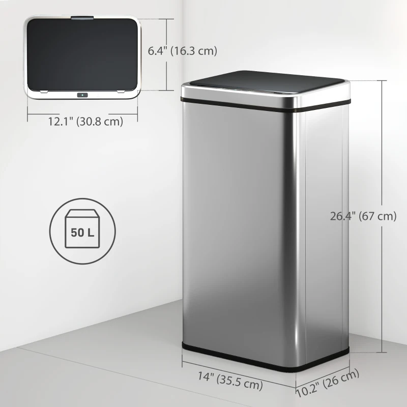 HOMCOM 13.2 Gal (50 L) Automatic Garbage Can w/ Soft-Close Lid, Touchless Trash Can with Fingerprint Resistant Stainless Steel