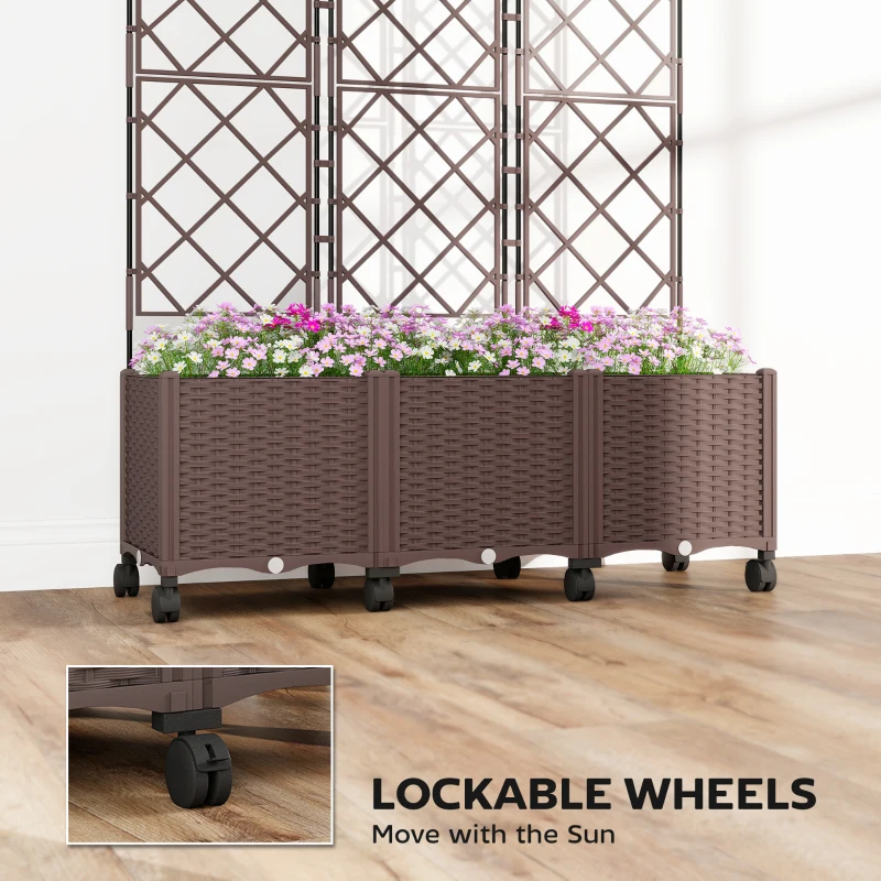 Outsunny Plastic Raised Garden Bed with Trellis, Self Watering Planter Box with Wheels, Drainage Holes and Plugs