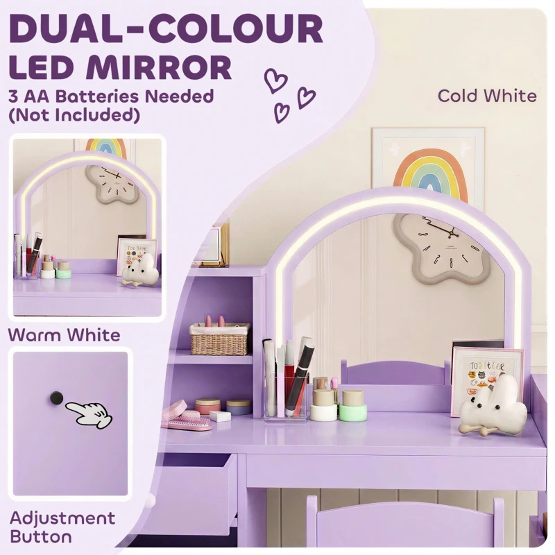 Qaba Kids Vanity Set, Toddler Dressing Table and Chair Set  with Lighted Mirror, Cabinet, Drawer and Shelves, Purple