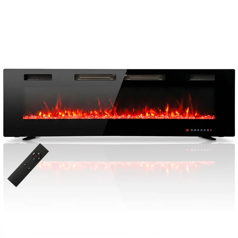 HOMCOM 60" Electric Fireplace, Ultra-Thin Recessed, Wall Mounted and Freestanding Fireplace w/ Flame Effect, 750W/1500W, Black