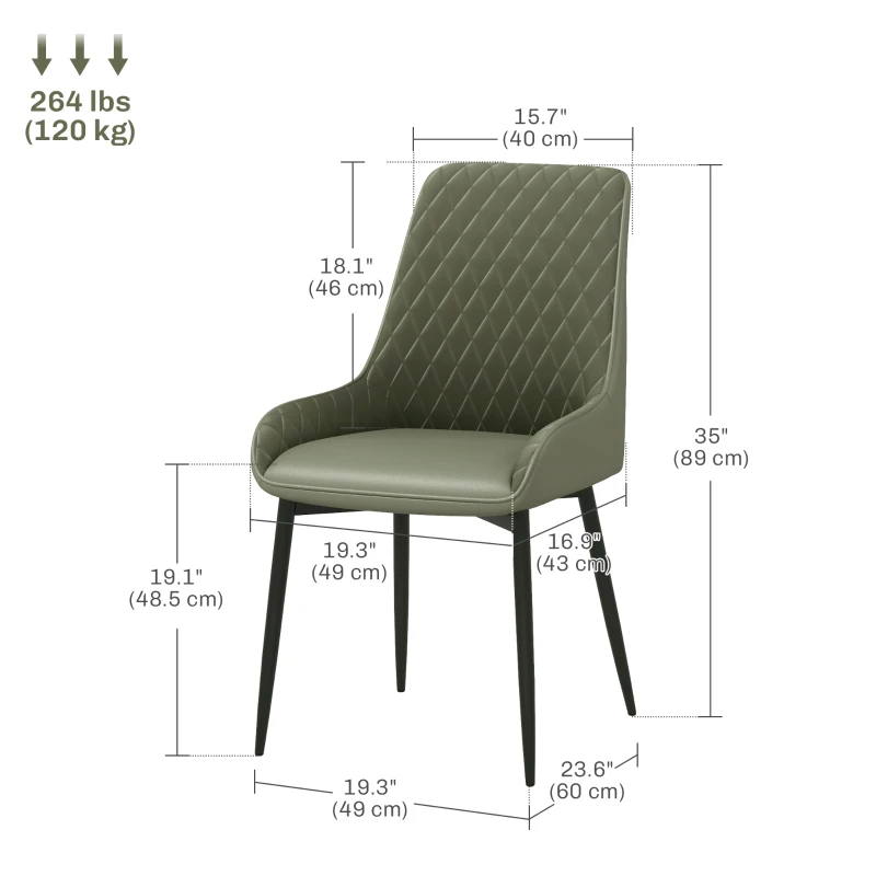 HOMCOM Upholstered Kitchen Chairs, Modern Dining Chairs Set of 2 with Diamond Tufting and Steel Legs for Dining Room, Green
