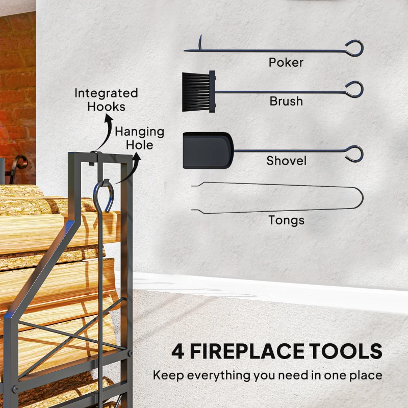 Outsunny Firewood Rack with 4 Fireplace Tools, 2-Tier Metal Log Holder with Hooks, 132 lbs Capacity for Indoor Outdoor, Black