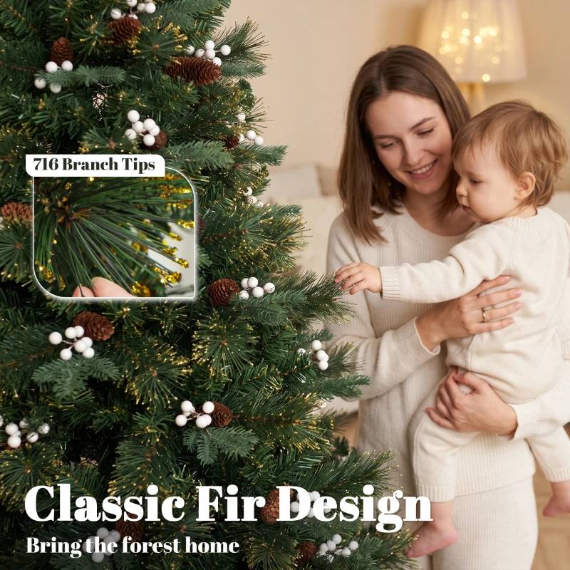 HOMCOM 6ft Christmas Tree with 716 Branch Tips, Easy-Assembly Hinged Design, Artificial Fir Xmas Tree for Home Office Holiday