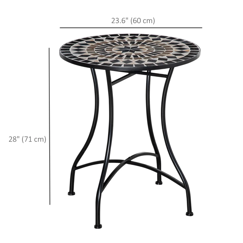Outsunny Mosaic Patio Table, Round Coffee Table with Metal Frame, Garden Furniture for Outdoor, Poolside, Black