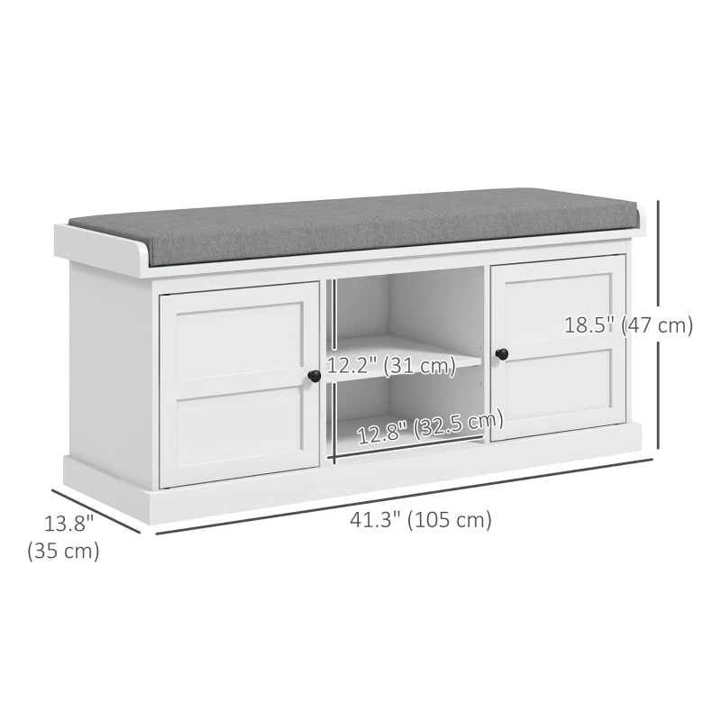 HOMCOM Shoe Storage Bench with Cushioned Seat, Entryway Bench Seat with 2 Cabinets and Adjustable Shelf for Hallway, White