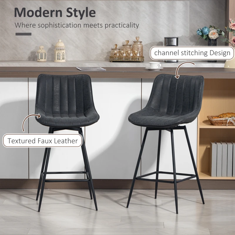 HOMCOM Set of 2 Counter Height Barstools, PU Leather Upholstered Bar Stools with Backrest, Footrest and Steel Legs, Black