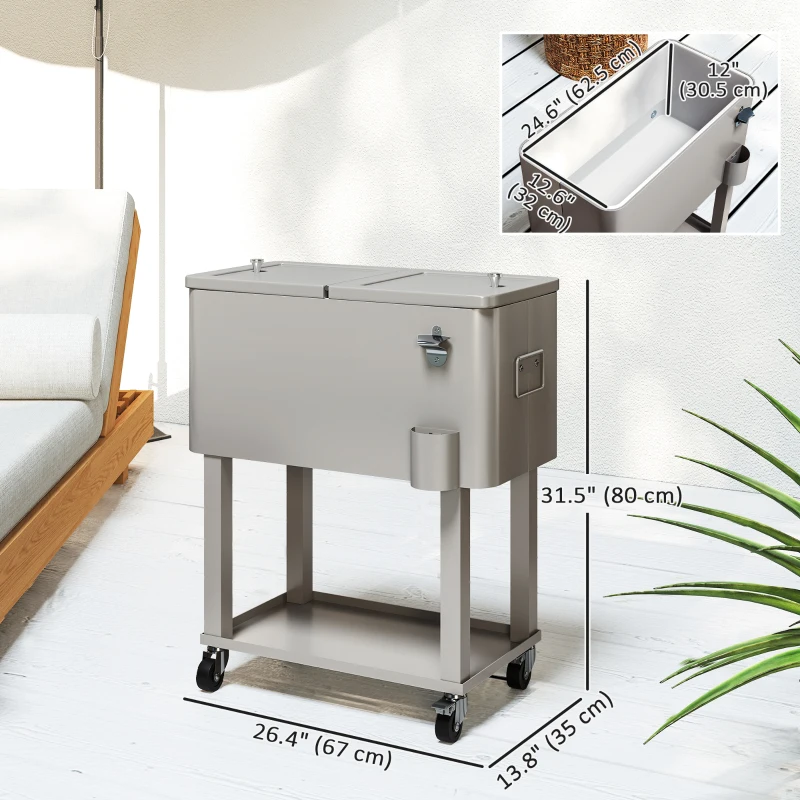 Outsunny 60 Quart Rolling Outdoor Cooler, Portable Rolling Patio Cooler Cart with Locking Wheels, Storage Shelf, Silver